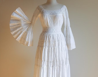 Vintage 70&#39;s Mexican Wedding Dress | Prairie Style | Vintage Bride | Summer Wedding|  White Lace | Crochet | Boho Bride | Bell Sleeves