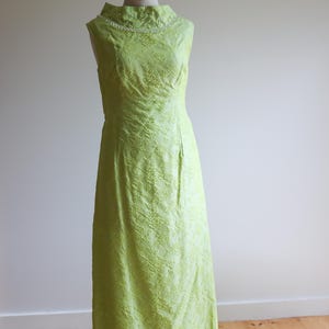 Vintage 1960s  acid Green Beaded Gown | Vintage Brocade Maxi Dress | Crystal Trim | Mad Men Cocktail Column Dress | High bateau Neck