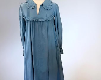 Vintage 1970s Laura Ashley Smock Dress Made in Wales. 100% Cotton Cottage Core Sky Blue Ruffled Collar Pioneer Farm Girl Country Picnic
