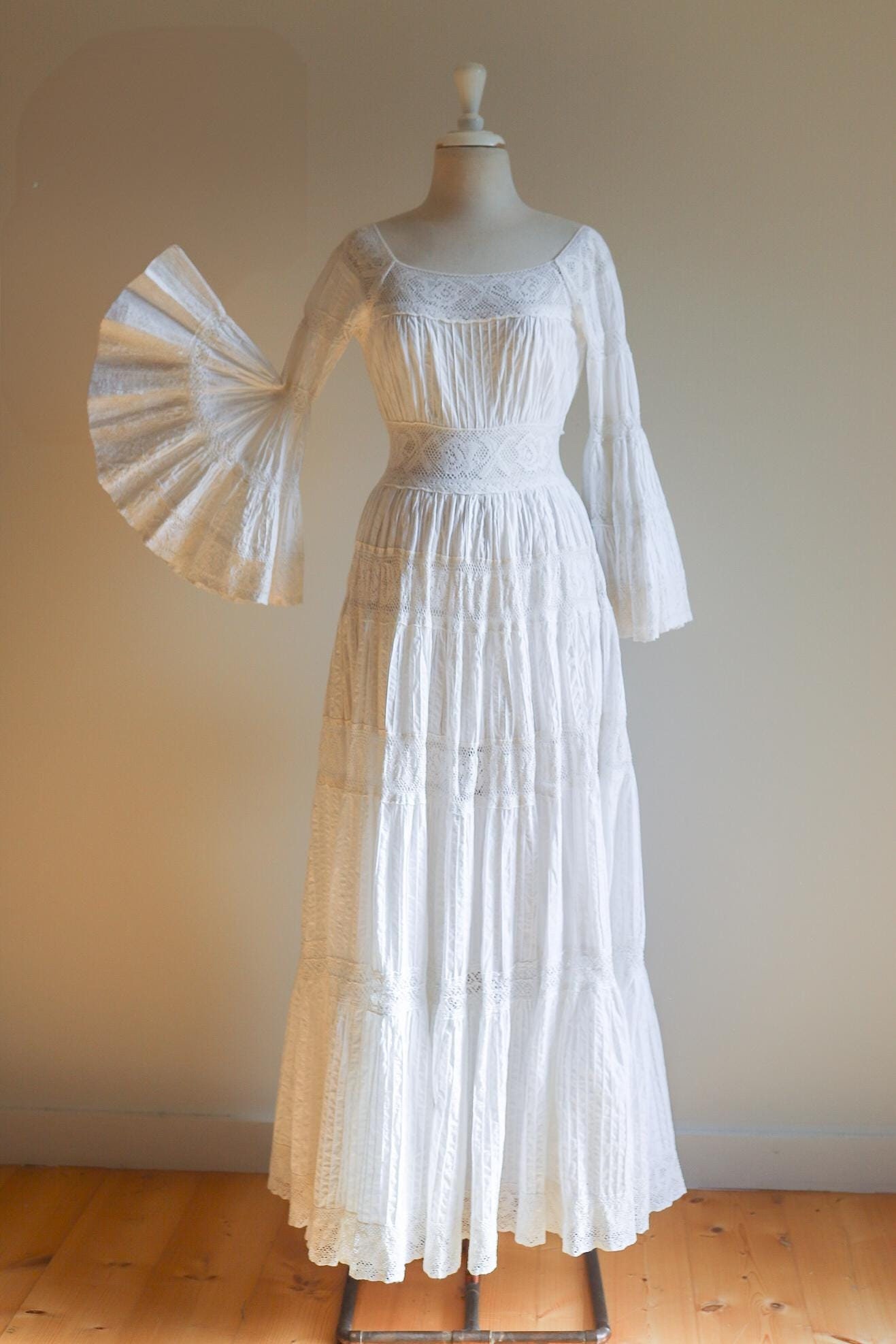 white christmas dresses 1970's Pink Cotton Mexican Wedding Dress with Cream Crochet Inserts –  Eveliina Vintage main image 0