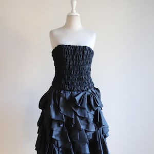 Aurelie 80s Strapless Ruffle Halter LBD – Vintage Cocktail Dress, Retro Glam, Perfect for Weddings, Proms, Parties, or Special Events