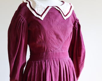 Victorian style dress - seamstress made Leg -of-Mutton Sleeve Dress | Plum Velvet Cottagecore Gown | Victorian Revival  Embroidered Collar