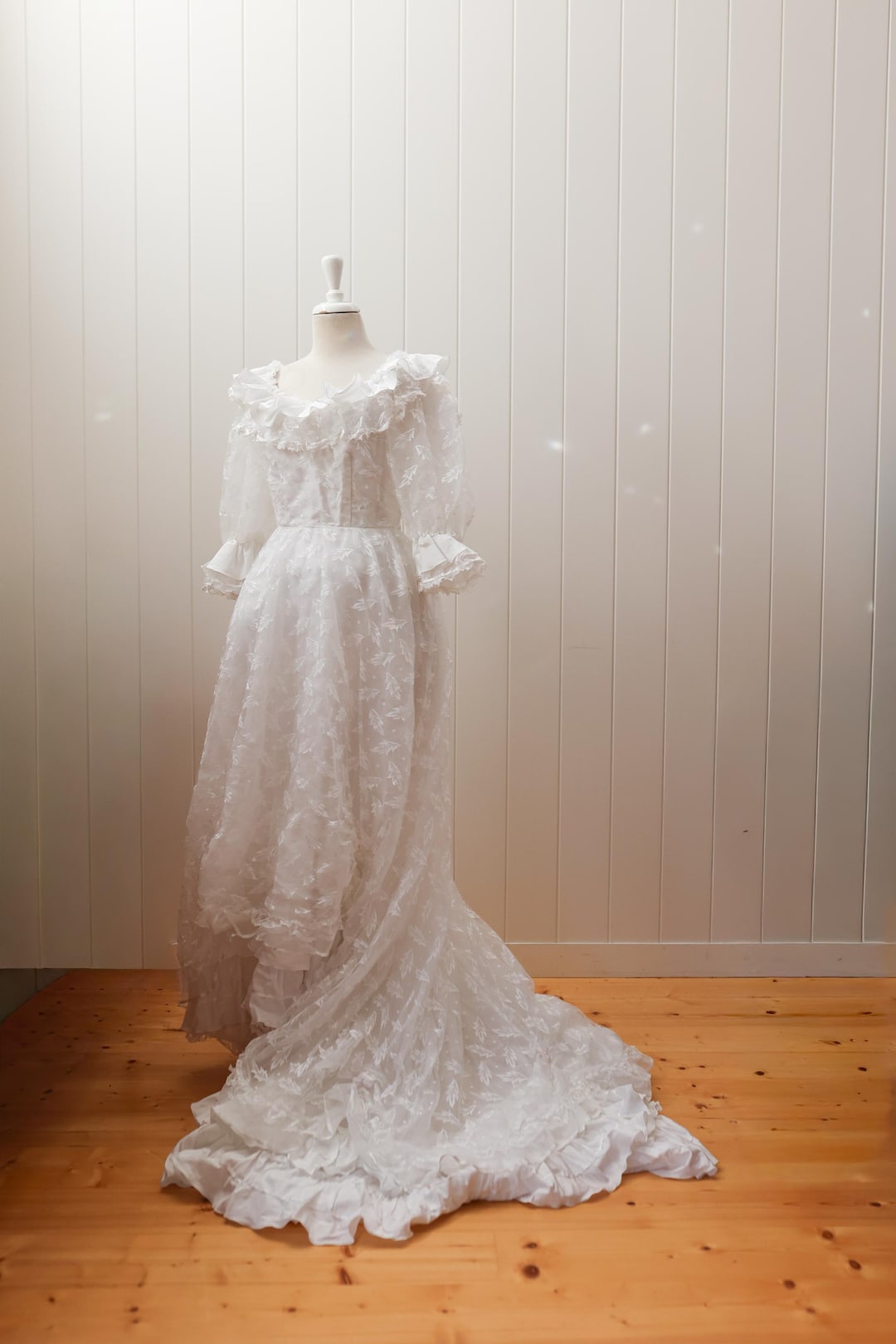 Vintage Late 1970s Romantic Revival Ruffle and Lace Wedding Dress