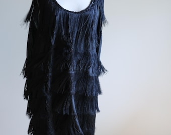 Handmade 1920's Style Black party Dress | Fringe Dress | satin