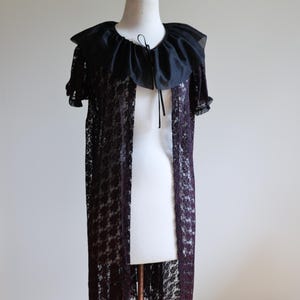 Vintage 1950&#39;s Handmade Lace and Ruffle Negligee Duster | Deep Plum and Black | Vintage Style | Lace Jacket | Lingerie | House Coat |
