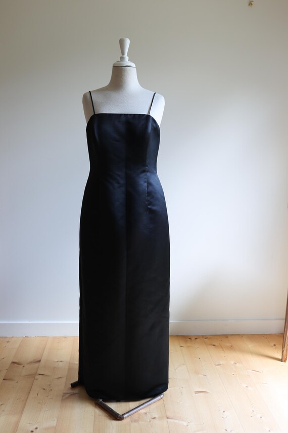 Maxi Dress Black Spaghetti Strap Shift Dress Vintage 1980s Satin