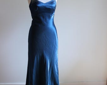 Vintage 90s Blue Satin Maxi Gown | Spaghetti Straps and Diamanté Detailing Formal| Red Carpet |  Wedding Guest | Cocktail | Liquid silk