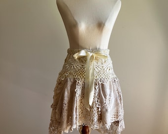 Handmade Boho Crochet Lace Skirt – Upcycled Doily Skirt – Cottagecore Festival Skirt – Romantic Vintage Style – Adjustable Waist