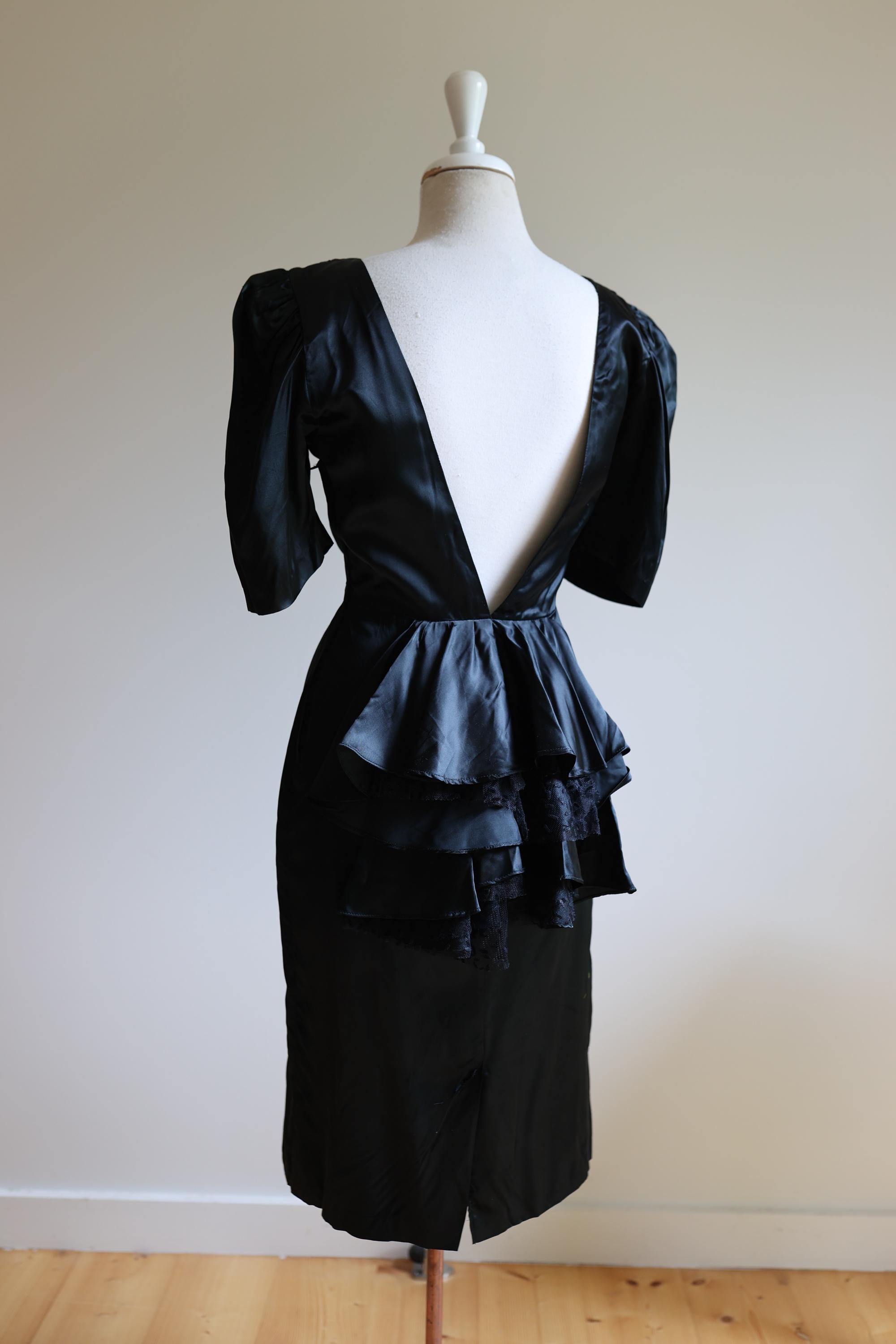 black satin peplum dress Black Column Peplum Gown N0654