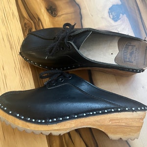 Troentorp Swedish Black Leather Clogs Brogue 37 | Wooden Heel Round Toe Lace Up