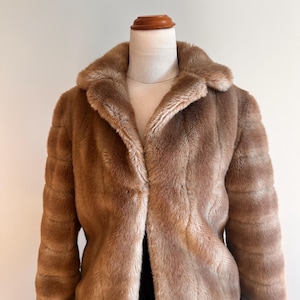 Champagne  Vintage 1960s Faux Fur Coat, Cropped, Long Sleeve, Jacket with Silky Lining and Collar