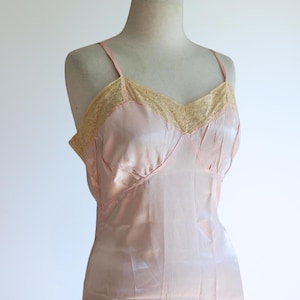 Vintage 1940&#39;s Pale Pink Satin Night Gown Slip with Cream Lace Bust Midi Length Bias Cut Handmade Negligee
