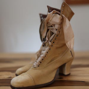 Edwardian 1900s  Tan Suede Boots with Ribbon Laces Piece of History Museum Quality Pioneer Prairie Cottage Core Antique Shoes