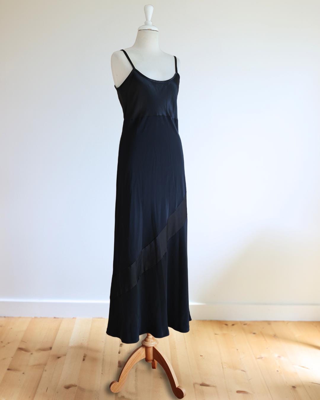 Vintage 1990s Laura Ashley Bias Cut Spaghetti Strap Gown | Black Satin Dress | Wedding | Prom | 90s Fashion