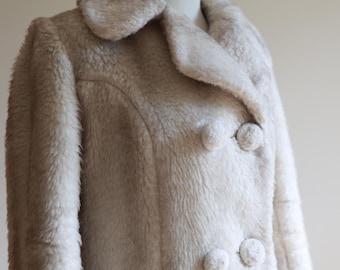 Vintage 1960s Cream Faux Fur Coat |  Covered Buttons | Satin Lining |Vintage Winter Coat