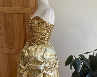 Loralie USA Marie Antoinette gold 80s mini with bustle skirt.