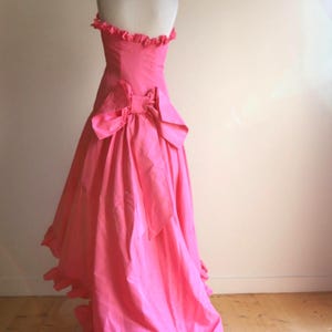 1980s Strapless Ball Gown | Taffeta Pink Party Dress with Ruffle Trim and Oversized Bow | Statement Formalwear