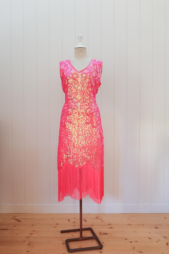 Neon Pink Sequin party Dress | Scalloped Fringe, 1920s Style