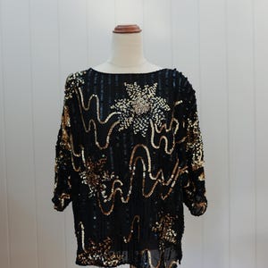 1980s Black & Gold Sequin Top | Hand Embroidered Beaded  Blouse | Vintage Eveningwear Statement