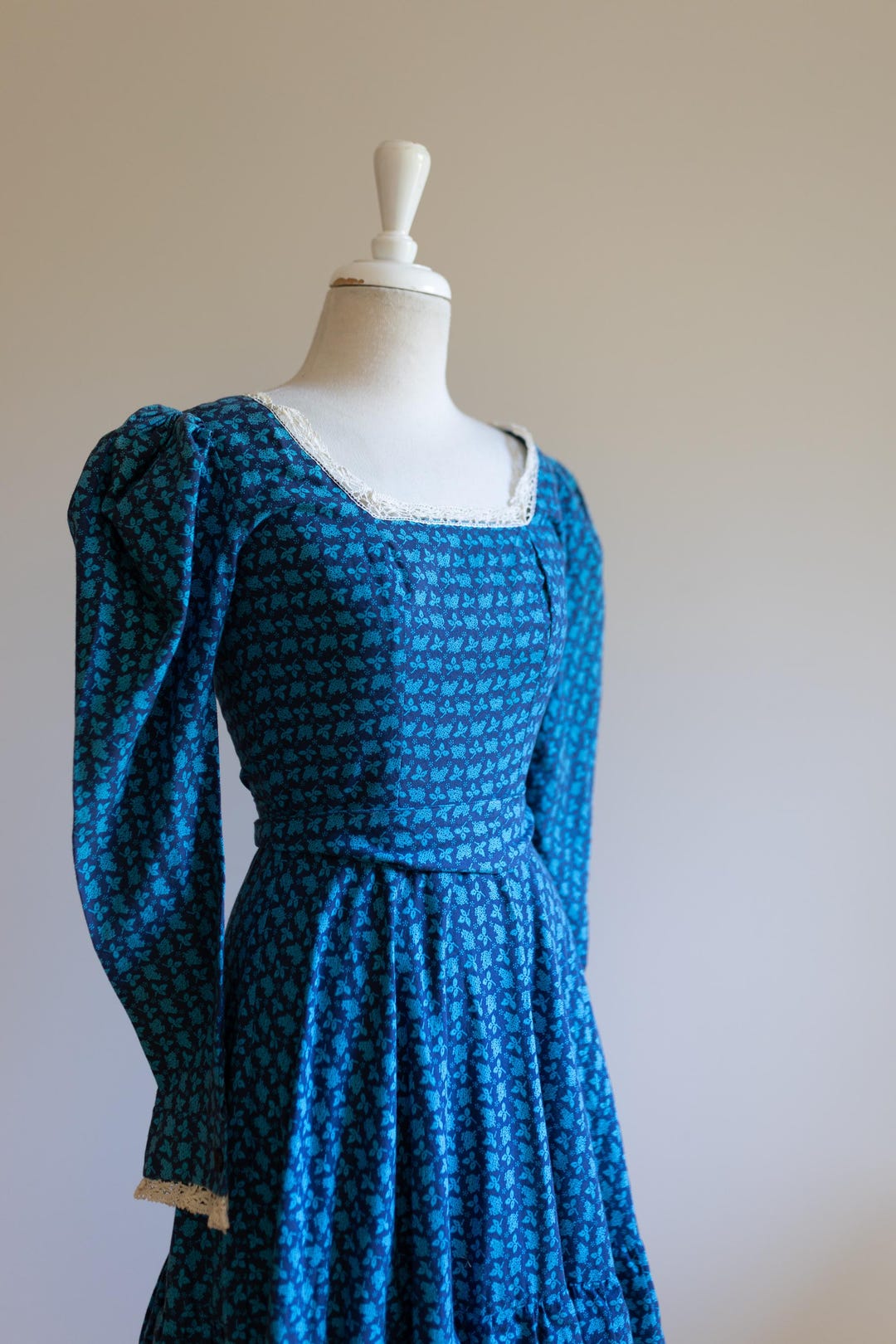 1970s Laura Ashley Maxi Dress | Blue Cotton Prairie Gown With Lace Trim ...