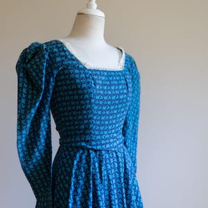1970s Laura Ashley Maxi Dress | Blue Cotton Prairie Gown with Lace Trim | Romantic Cottagecore Festival Dress Made in Wales