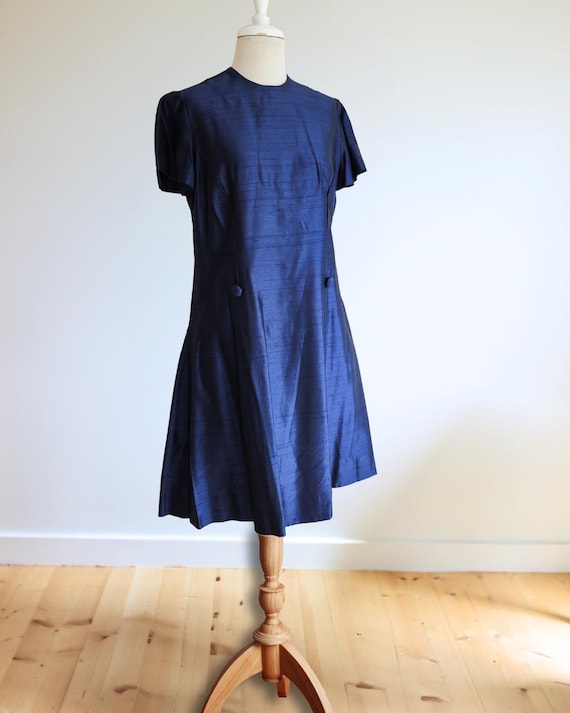 Vintage 1960's Royal Blue Raw Silk Mini Dress Pleats Covered