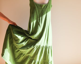 Vintage Laura Ashley 70s Green Pin Cord Maxi Dress | Apple Green | Square Neck |Ruffle Skirt |Low Back | Garden Party Summer UK 12