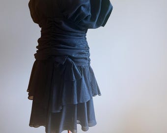 Vintage 80s Black Tulle Party Dress | Ruched Cocktail Mini