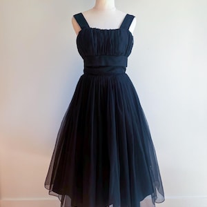 Vintage 1950&#39;s Black Silk Chiffon Designer Cocktail Dress By Van Roth | Tulle Skirt | Gathered Bust | Wedding | Gala | Red Carpet |