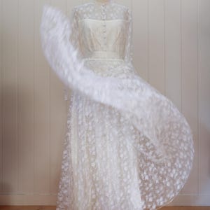 Vintage 1970s White Lace Wedding Dress | Sheer Floral Overlay with Satin Underlay | Long Sleeve Vintage Bridal Gown