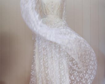 Vintage 1970s White Lace Wedding Dress | Sheer Floral Overlay with Satin Underlay | Long Sleeve Vintage Bridal Gown