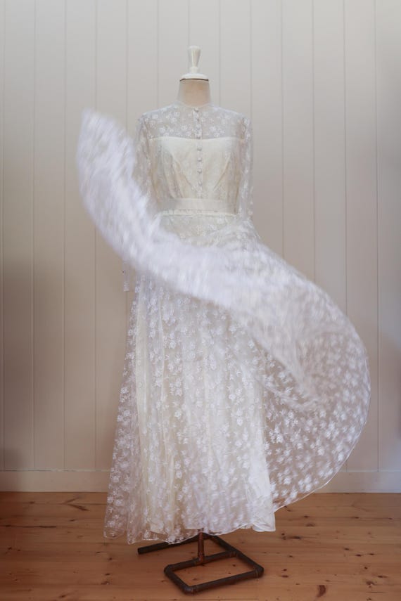 knee length dresses for ladies Vintage French Silk Lace Overlay Gown with Pearl Embroidery – Wendy Nichol main image 0