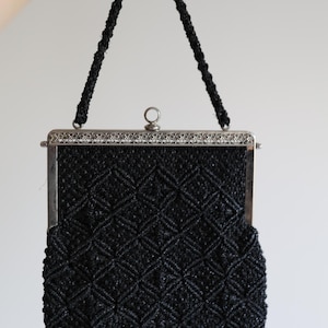 Vintage 1960&#39;s Black Crochet Evening Bag with Silver Filagree Clasp | Handmade | Black Tie Event | Wedding