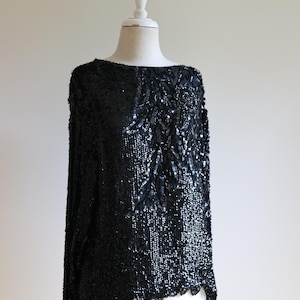 Vintage 80s or 90s Sequin and Beaded Black Top | Long Sleeve | High Neck | Wedding Guest | Scalloped Hem | Gala | Beaded Blouse