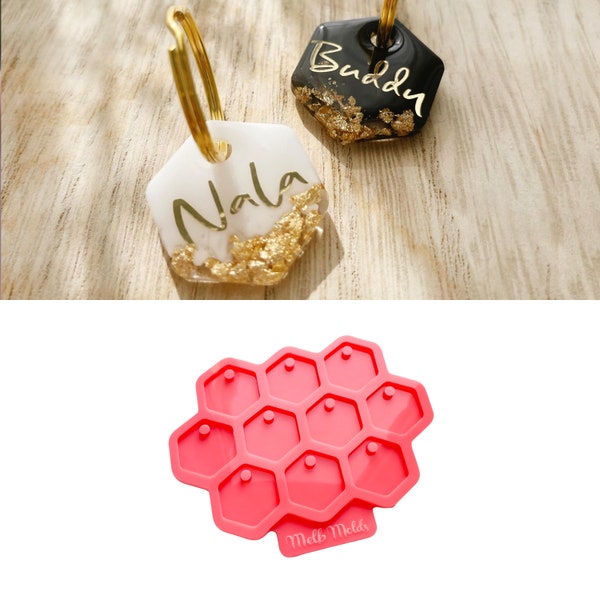 10 mini moules hexagonaux pour porte-clés, prénom, médaille pour chien et chat | Moule en silicone pour petite étiquette géométrique | Moule rond de haute qualité en résine pour étiquette d'animal de compagnie