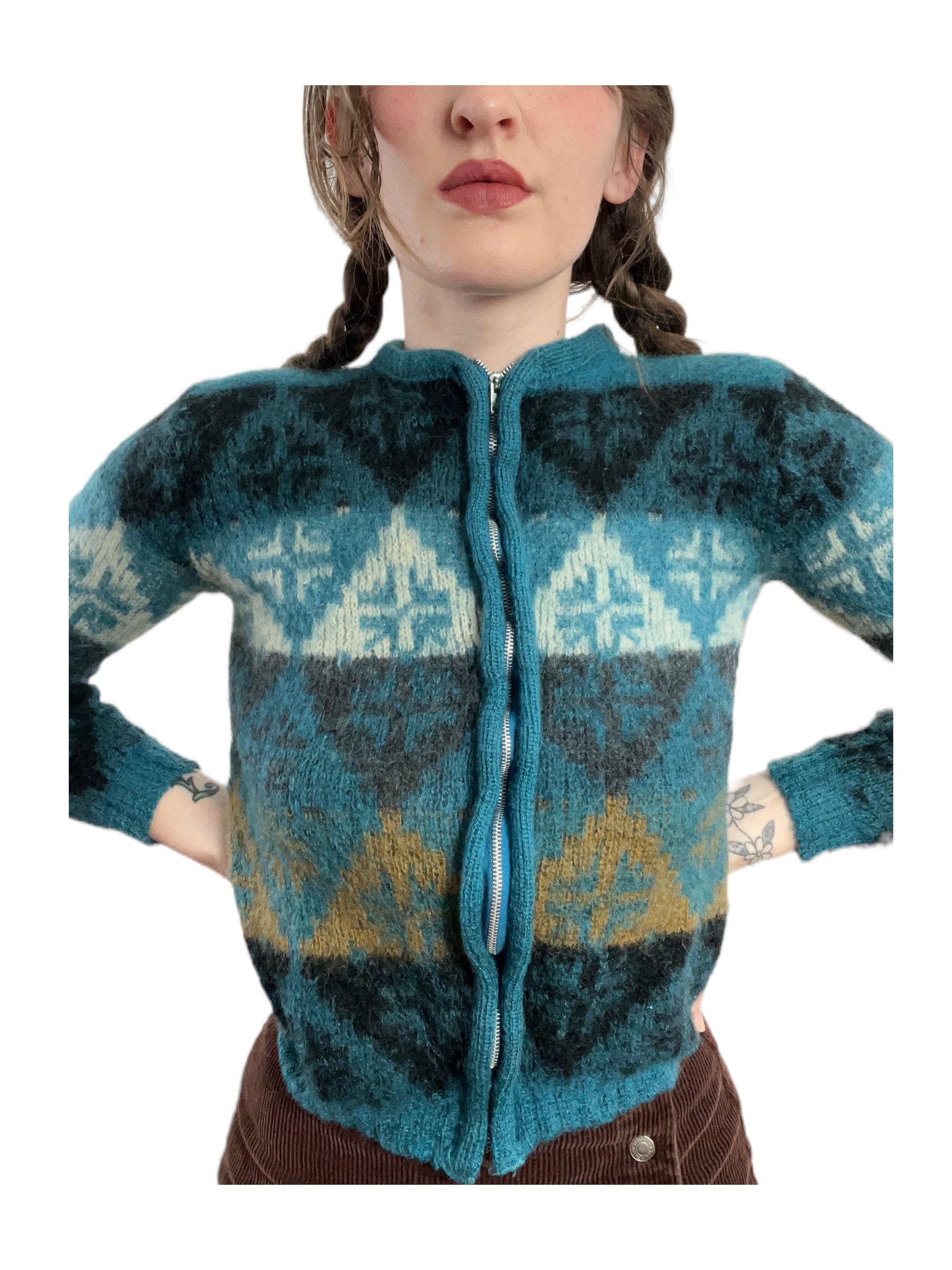 Vintage 50's Mohair Knit Zip up Cardigan Sweater Youth L