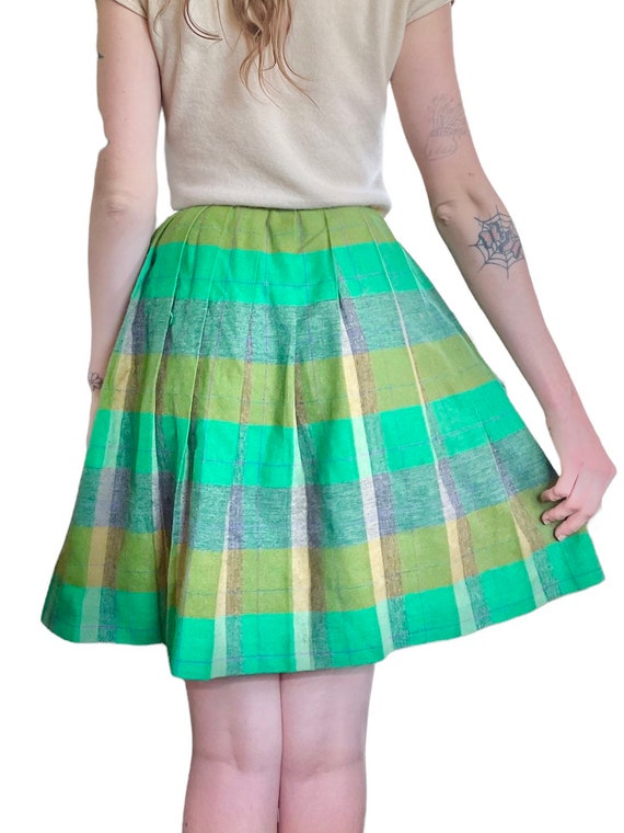 Vtg 50’s Green Plaid Pleated Skirt Adult XS - image 3