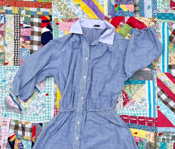 Vtg 70’s/80’s Blue & White Stripes Shirt Dress Ad… - image 4