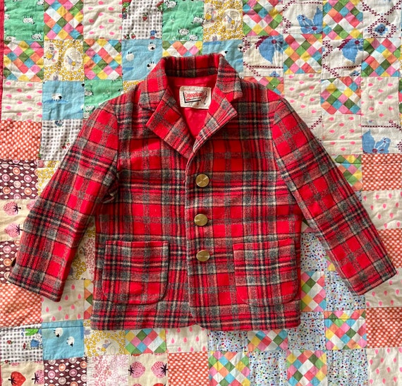 Vintage 50’s Red Plaid Blazer Jacket Kids 12/18M - image 1