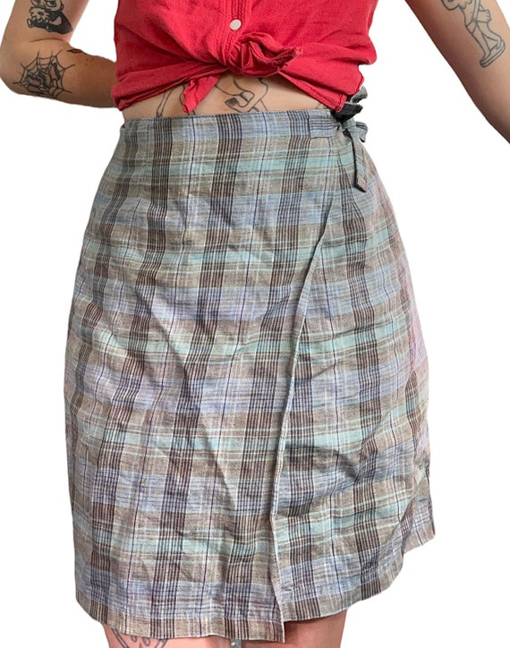 Y2K Linen Plaid Wrap Skirt Small Anne Taylor