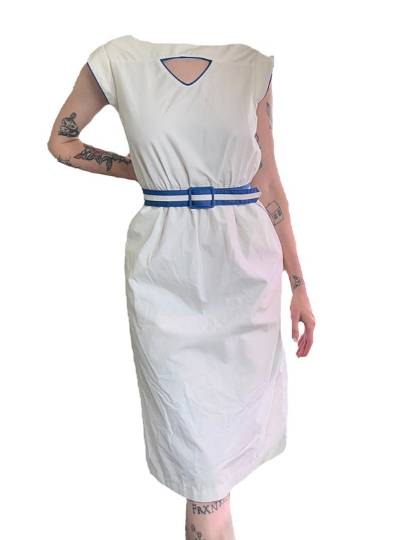 Vtg 70’s White & Blue Cut Out Dress Size Small