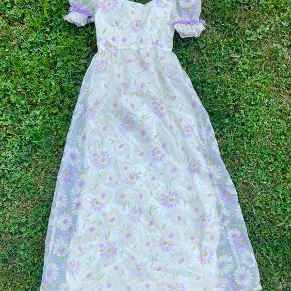 Vintage 70’s Floral Princess Dress xs cottage core sheer puff sleeves