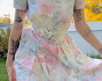 S Vintage 80’s Skirt & Blouse Set Pastel Floral Puff Sleeve