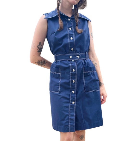 Vintage 60’s/70’s Navy Blue Button Down Dress Adu… - image 1
