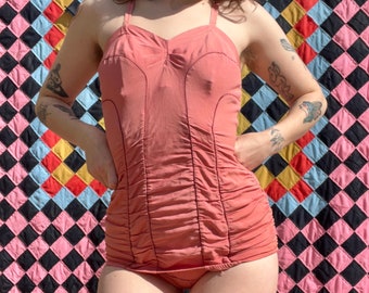 Vintage 40’s Pink Ruffled One Piece Swimsuit Adult Small