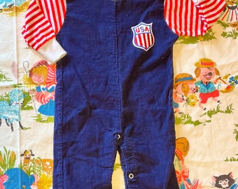 6M Vintage 70’s Corduroy Romper Stripes Sleeves