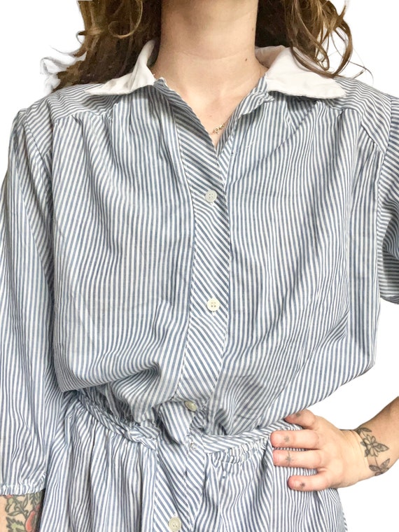 Vtg 70’s/80’s Blue & White Stripes Shirt Dress Ad… - image 1