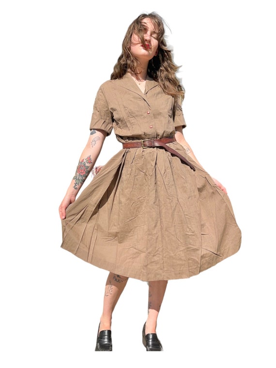 Vintage 50’s Chain Stitch Brown Shirt Dress Adult 