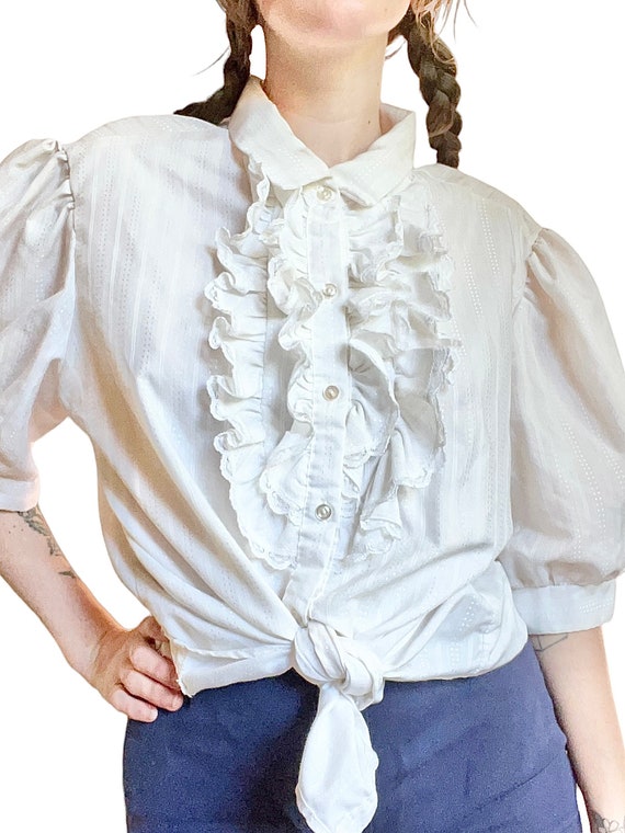 M/L Vtg 70’s White Ruffle Puffy Blouse