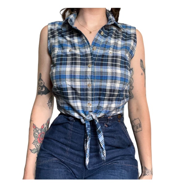 Vintage 90’s Wrangler Plaid Tie Top Blue Plaid but